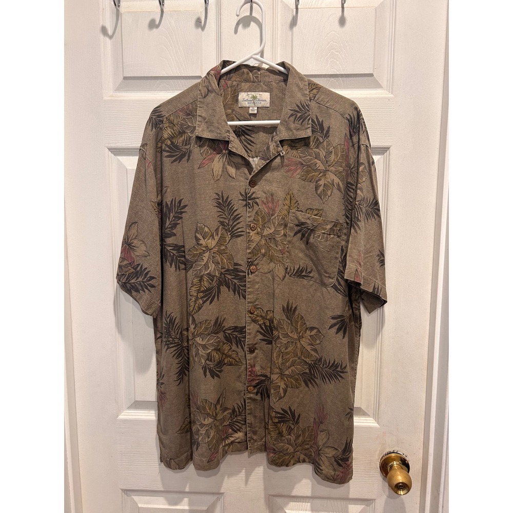 Island Shores Mens XL Brown Silk Tropical Floral Hawaiian Short Sleeve Shirt